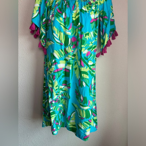 NWT Escapada Living Multi Tropical Tasseled Off The Shoulder Kaftan Dress XS - Picture 7 of 8